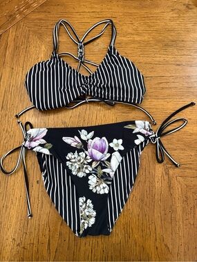 Striped & Floral Black Tie-Side Bikini Set